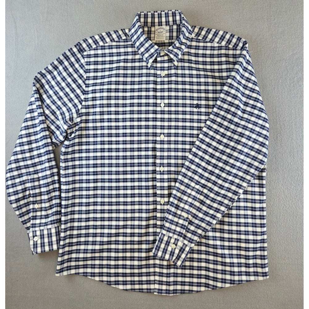 Brooks Brothers Regular Fit Non-Iron Stretch Gingham Shirt Men's L Navy White - Picture 8 of 10